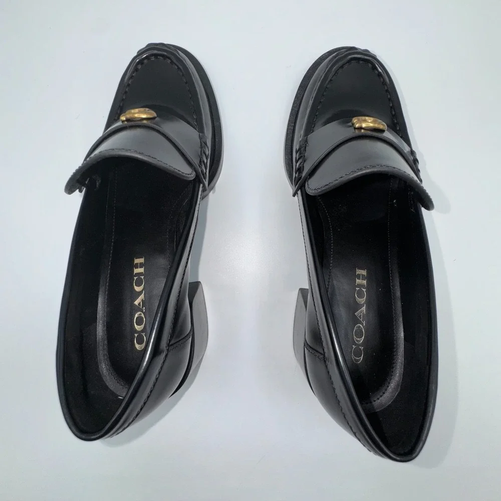 Coach Natalie‎ Womens Loafer 6 Black Leather Block Heels Chunky Sole Y2K Shoes